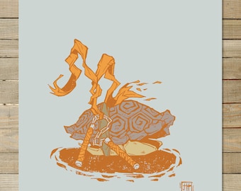 May include: A digital illustration of a turtle with a brown and orange shell, holding two orange nunchucks. The turtle is surrounded by a brown and orange swirl, and the background is light blue.