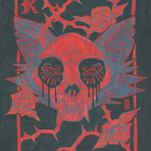 May include: A red and grey skull with dripping eyes, surrounded by thorny vines and red roses. The skull is framed in a red square with the letter "R" in the top left corner.