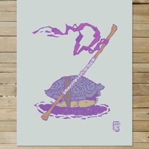 May include: A purple and blue illustration of a turtle carrying a stick with a purple flag. The turtle is on a purple circle with a white outline. The stick is wrapped in white tape. The illustration has a purple stamp in the bottom right corner.