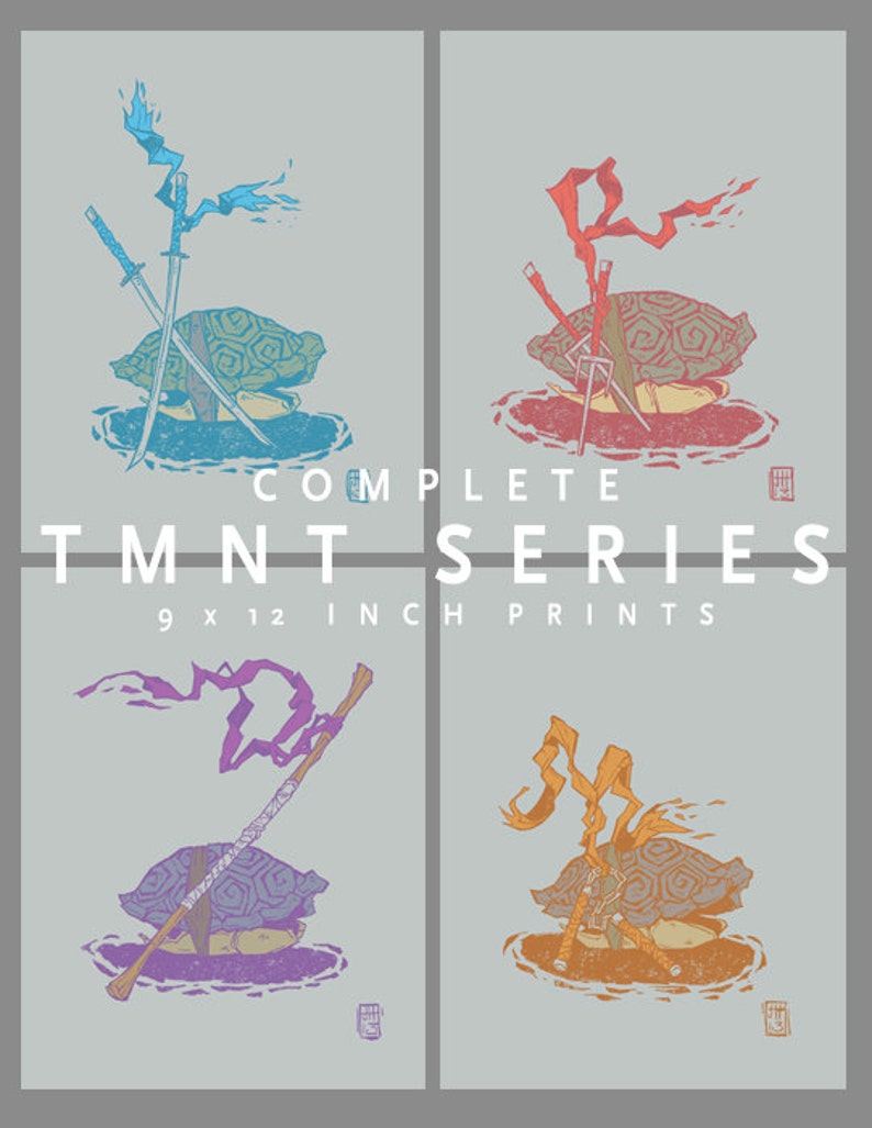 Full TMNT series 9 x 12 in Art Prints by Jaime Hernandez Leo Mike Raph Donatello fan art japanese anime ink image 1