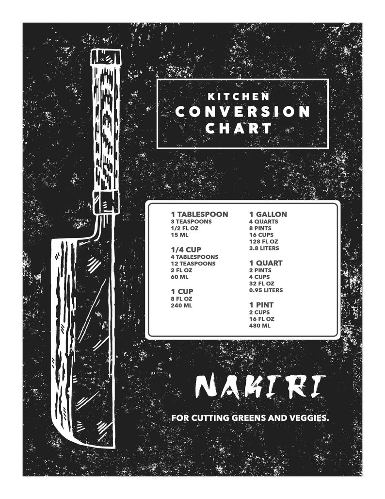 Kitchen Measurement Conversions Guide Chart with Nakiri Japanese Knife art digital download print, baking recipe poster wall decor image 1