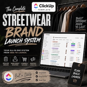 Può includere: Immagine promozionale per un sistema di lancio di un marchio streetwear. L'immagine presenta un laptop che mostra un'interfaccia di gestione del progetto, con il testo "Streetwear Brand Launch System". L'immagine include anche un portabiti con felpe con cappuccio e il testo "Built Different. Made to Last."