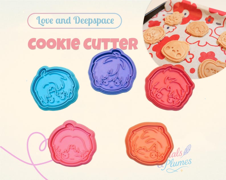 May include: Five plastic cookie cutters in blue, purple, red, pink, and orange, each featuring a different stylized character face. The text Love and Deepspace COOKIE CUTTER is visible. A circular inset shows baked cookies on a floral tray.