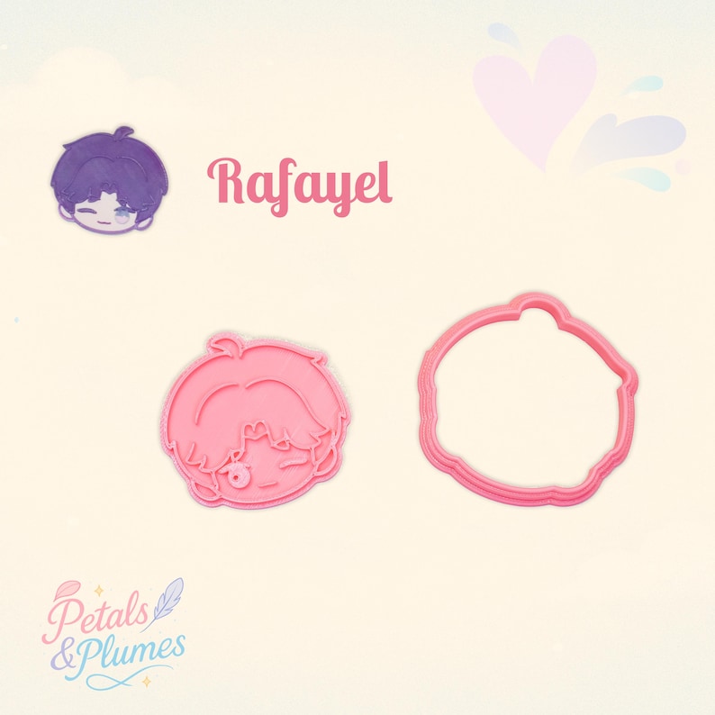 May include: A pink plastic cookie cutter set featuring a character head with a winking eye and a matching outline frame. The text Rafayel is printed in pink above the cutter, and the text Petals & Plumes is printed in the bottom left corner.