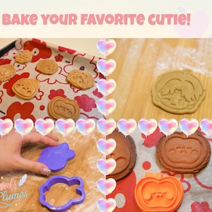 May include: A collage showing cookie cutters and dough with the text BAKE YOUR FAVORITE CUTIE! and Petals & Plumes. The image features purple and orange plastic cookie cutters, stamped dough shapes, and a baking sheet with a red floral pattern.