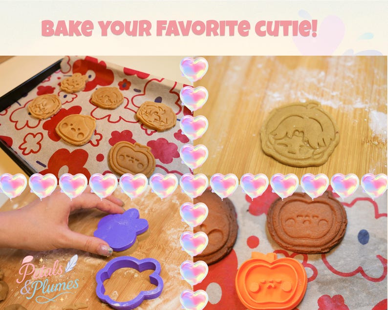 May include: A collage showing cookie cutters and dough with the text BAKE YOUR FAVORITE CUTIE! and Petals & Plumes. The image features purple and orange plastic cookie cutters, stamped dough shapes, and a baking sheet with a red floral pattern.