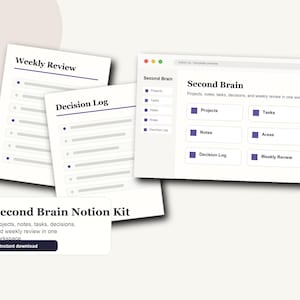 May include: A digital product mockup featuring a "Second Brain Notion Kit." The image displays a website interface and two document templates labeled "Weekly Review" and "Decision Log." The kit promises to help with projects, notes, tasks, decisions, and weekly review.