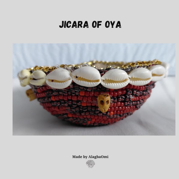 Jicara of Oya with Cowrie Shells and 4 Skulls – Hand Beaded Altar Bowl with Cowrie