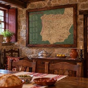 May include: A framed map titled Caminos de Santiago hangs on a stone wall above a wooden sideboard. The room features a fireplace with a burning fire, a wooden dining table with food, and various ceramic pitchers and bowls in a rustic setting.