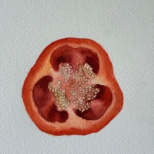Dipinto originale ad acquerello di peperoni tagliati, peperone rosso, verdura dipinta a mano, piccolo dipinto ad acquerello (senza cornice)