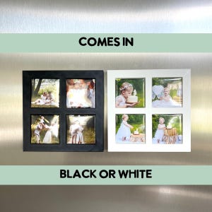 Peut inclure: Deux cadres photo carr&eacute;s, un noir et un blanc, chacun contenant quatre petites photos carr&eacute;es. Le cadre noir affiche des photos de famille, tandis que le cadre blanc montre le premier anniversaire d'un b&eacute;b&eacute;. Le texte en haut dit "COMES IN" et en bas "BLACK OR WHITE."
