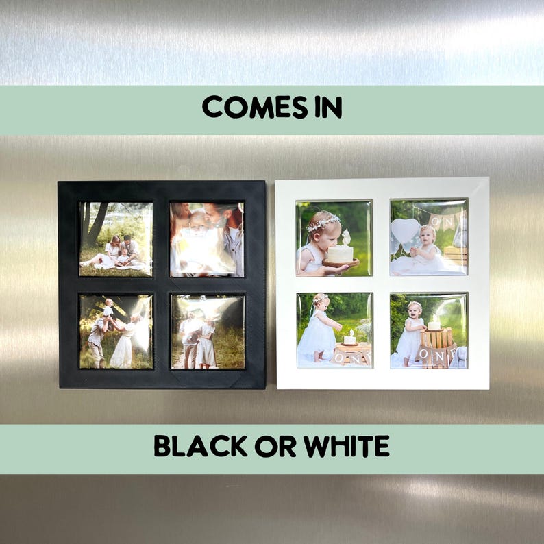 Peut inclure: Deux cadres photo carr&eacute;s, un noir et un blanc, chacun contenant quatre petites photos carr&eacute;es. Le cadre noir affiche des photos de famille, tandis que le cadre blanc montre le premier anniversaire d'un b&eacute;b&eacute;. Le texte en haut dit "COMES IN" et en bas "BLACK OR WHITE."