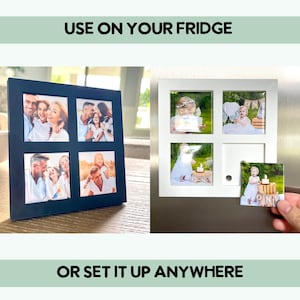 Peut inclure: Deux cadres photo, un noir et un blanc, chacun contenant quatre photos carr&eacute;es. Le cadre noir est sur une table, tandis que le cadre blanc est sur un r&eacute;frig&eacute;rateur. Le texte "USE ON YOUR FRIDGE" et "OR SET IT UP ANYWHERE" sont affich&eacute;s.