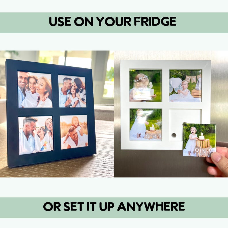 Peut inclure: Deux cadres photo, un noir et un blanc, chacun contenant quatre photos carr&eacute;es. Le cadre noir est sur une table, tandis que le cadre blanc est sur un r&eacute;frig&eacute;rateur. Le texte "USE ON YOUR FRIDGE" et "OR SET IT UP ANYWHERE" sont affich&eacute;s.