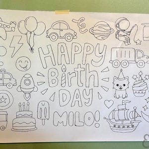 Customizable Happy Birthday Giant Coloring Page Boy Themed, Personalized Birthday Coloring Poster, Large Coloring Poster