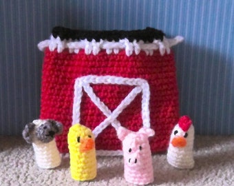 Crocheted Barn Yard Finger Puppets and Barn Bag