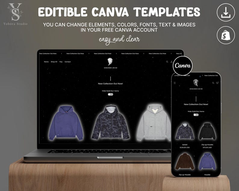 May include: A laptop and a smartphone displaying a website interface with editable Canva templates. The screen shows a dark-themed online store featuring various hoodies and jackets, with text including EDITABLE CANVA TEMPLATES and New Collection Out Now.