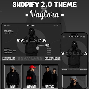 May include: A digital display of the Vaylara Shopify 2.0 theme featuring a dark interface with a hooded sweatshirt product showcase. The layout includes text labels for Men, Women, and Unisex categories, navigation icons, and a hero image of a person in a black hoodie with the brand name Vaylara displayed prominently.