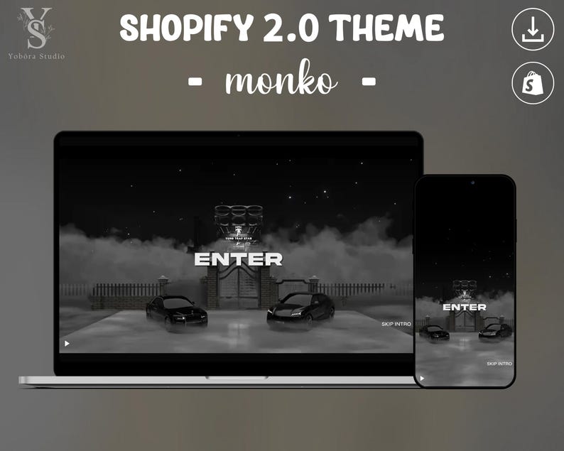 May include: A digital display of the Shopify 2.0 theme named monko, featuring a laptop and smartphone screen showing a dark, atmospheric website landing page with two cars, a gated entrance, fog, and the text ENTER and SKIP INTRO.