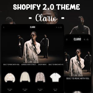 以下が含まれることがあります： Shopify 2.0テーマ「Clario」を紹介する暗い画像。デザインはタブレットとスマートフォンに表示され、モデルと服が写っています。「Built to move with you.」というテキストが含まれています。