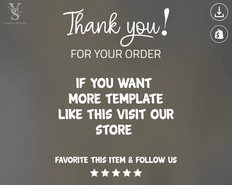 May include: A digital thank you card featuring the text Thank you! FOR YOUR ORDER, IF YOU WANT MORE TEMPLATE LIKE THIS VISIT OUR STORE, and FAVORITE THIS ITEM & FOLLOW US. The top left corner displays the Yobora Studio logo and five stars.