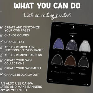 May include: A digital graphic displaying the text WHAT YOU CAN DO With no coding needed, followed by a list of features including create and customize pages, change colors, change text, and add or remove sections, banners, collections, menus, and block layouts.