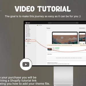 May include: A digital graphic displaying a video tutorial for Shopify theme installation. The image features a computer monitor showing the Shopify dashboard, a red arrow indicating the customization process, and text stating Video Tutorial.