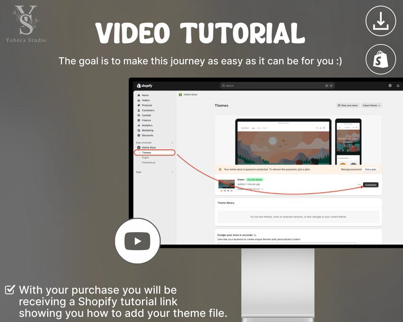May include: A digital graphic displaying a video tutorial for Shopify theme installation. The image features a computer monitor showing the Shopify dashboard, a red arrow indicating the customization process, and text stating Video Tutorial.