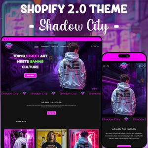 May include: A Shopify 2.0 website theme titled Shadow City, featuring a dark interface with neon pink accents. The layout displays a person wearing a light-colored hoodie with graphic prints, alongside text reading Tokyo Street Art Meets Gaming Culture.