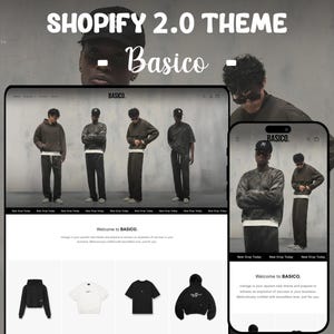 Könnte beinhalten: Eine digitale Darstellung des Shopify 2.0 Themes Basico, die ein Website-Layout auf einem Tablet und Smartphone zeigt. Die Benutzeroberfläche präsentiert eine Bekleidungsmarke mit Modellen in Hoodies und T-Shirts sowie Produktvorschaubilder.