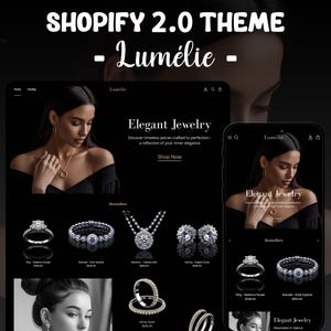 Puede incluir: Un tema de Shopify 2.0 llamado "Lumélie" se muestra en un ordenador y un móvil. El tema presenta joyería elegante, incluyendo anillos, pulseras y collares. El texto "Elegant Jewelry" y "Shop Now" son visibles.