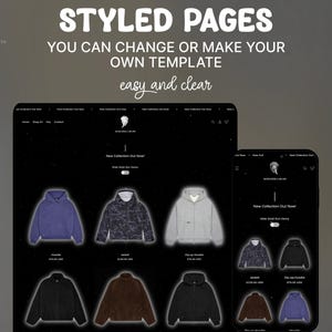 May include: A digital template for an e-commerce website displaying clothing items like hoodies and jackets. The interface features the text STYLED PAGES, YOU CAN CHANGE OR MAKE YOUR OWN TEMPLATE, and easy and clear, with a dark theme and product grid.
