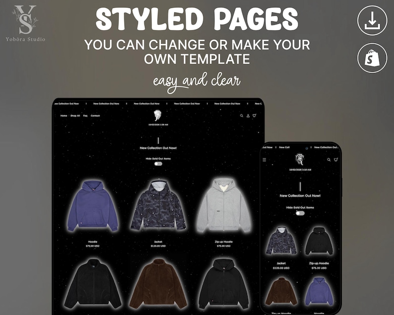 May include: A digital template for an e-commerce website displaying clothing items like hoodies and jackets. The interface features the text STYLED PAGES, YOU CAN CHANGE OR MAKE YOUR OWN TEMPLATE, and easy and clear, with a dark theme and product grid.