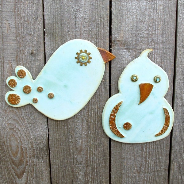 Handbuilt Mixed Media Bird Tiles, set of two, in Ethereal Light Aqua