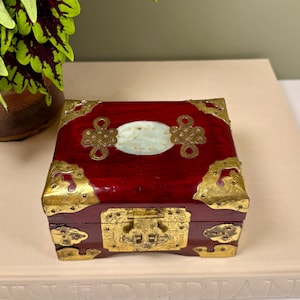 Vintage Chinese Red LacquerJewelry Box with Brass Hardware & Jade Inlay- Small Decorative Trinket Chest- Chinoiserie Style- Keepsake Gift