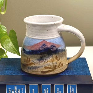 Vintage Wide Base Travel Mug, Signed Studio Stoneware Pottery Coffee Cup, Hand Thrown Scenic Glaze, Rustic Decor
