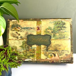 Antique Victorian Celluloid Postcard Box- Rare Early 1900&#39;s Decorative Paper Box with 4 Seasons Prints- Epehemera Storage
