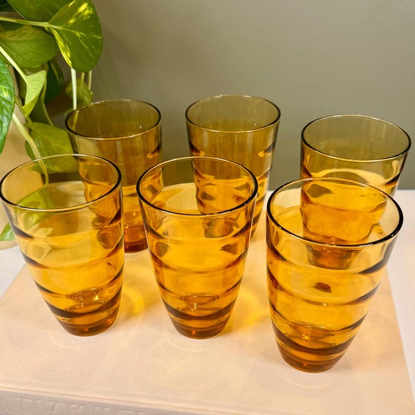 Hazel Atlas Waterfall Glasses Set of 6, Vintage Honey Gold Tumblers, Mid Century Modern Barware,  Retro 1960s Drinking Glasses, Fall Dining