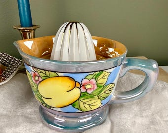 Vintage Japan Lusterware Citrus Juicer with Reamer, Hand Painted Lemon Motif, Two Piece Pastel Blue Juice Bowl, 1950’s Cottage Kitchen Decor