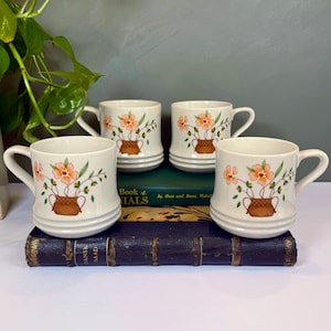 Vintage Countryside Stoneware Collection Mugs Set of 4 | 1980 Japan Hand Painted Floral Cups | Retro Coffee Mugs | Cottagecore Kitchen Decor