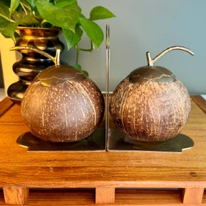 Vintage Coconut Shell Bookends Solid Brass Base, Organic Modern Collected Decor, High End Shelf Styling, Natural Texture Neutral Home Pair