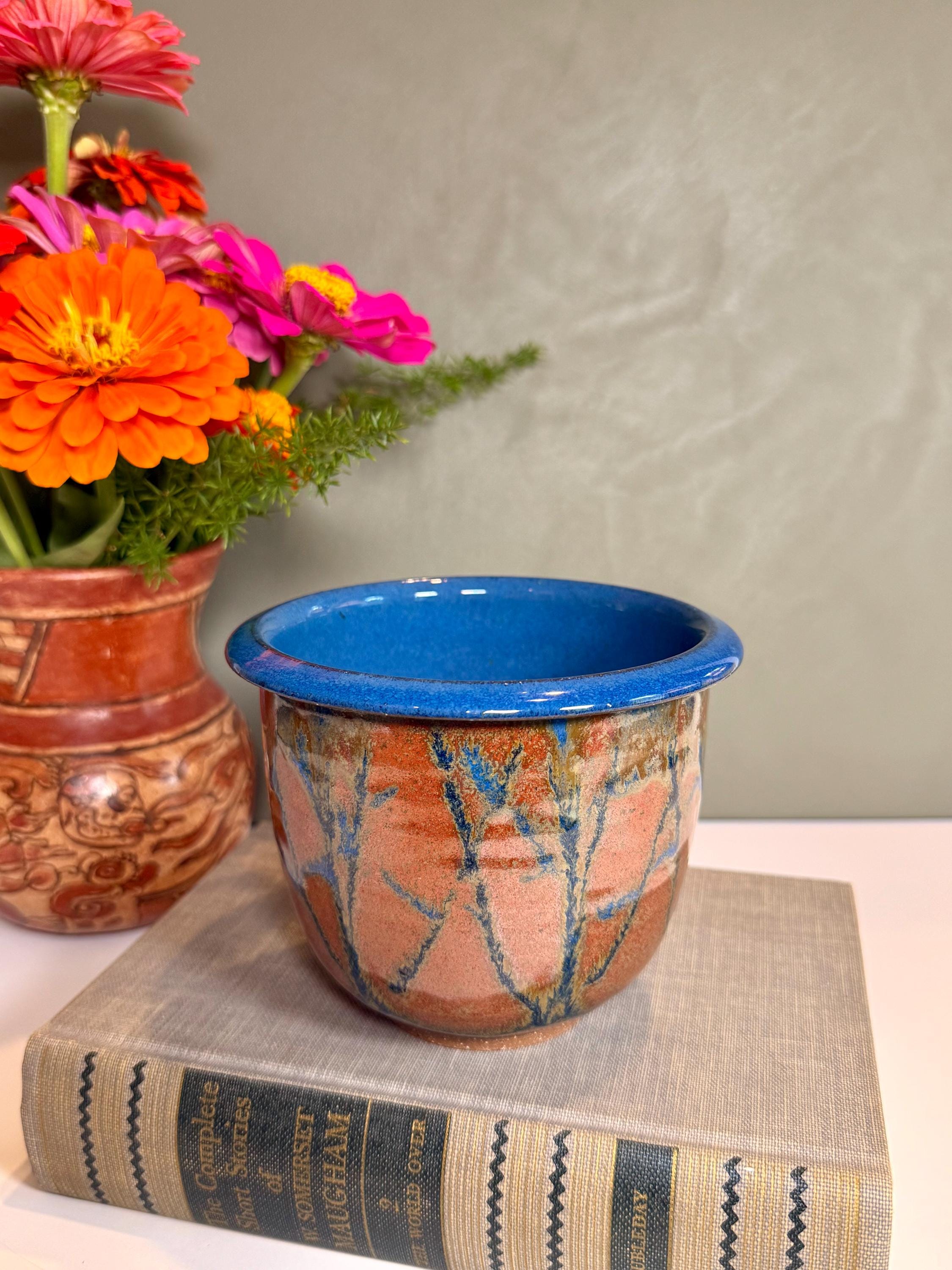 Signed Vintage Studio Pottery Planter- Cobalt Blue Glaze Drip Art Pot- Handmade Clay Vase- Rustic Boho Decor- Small Artisan Pottery Vessel