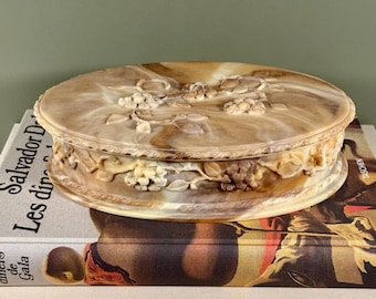 Vintage Incolay Stone Jewelry Box Art Trinket U.S.A. Floral Pink