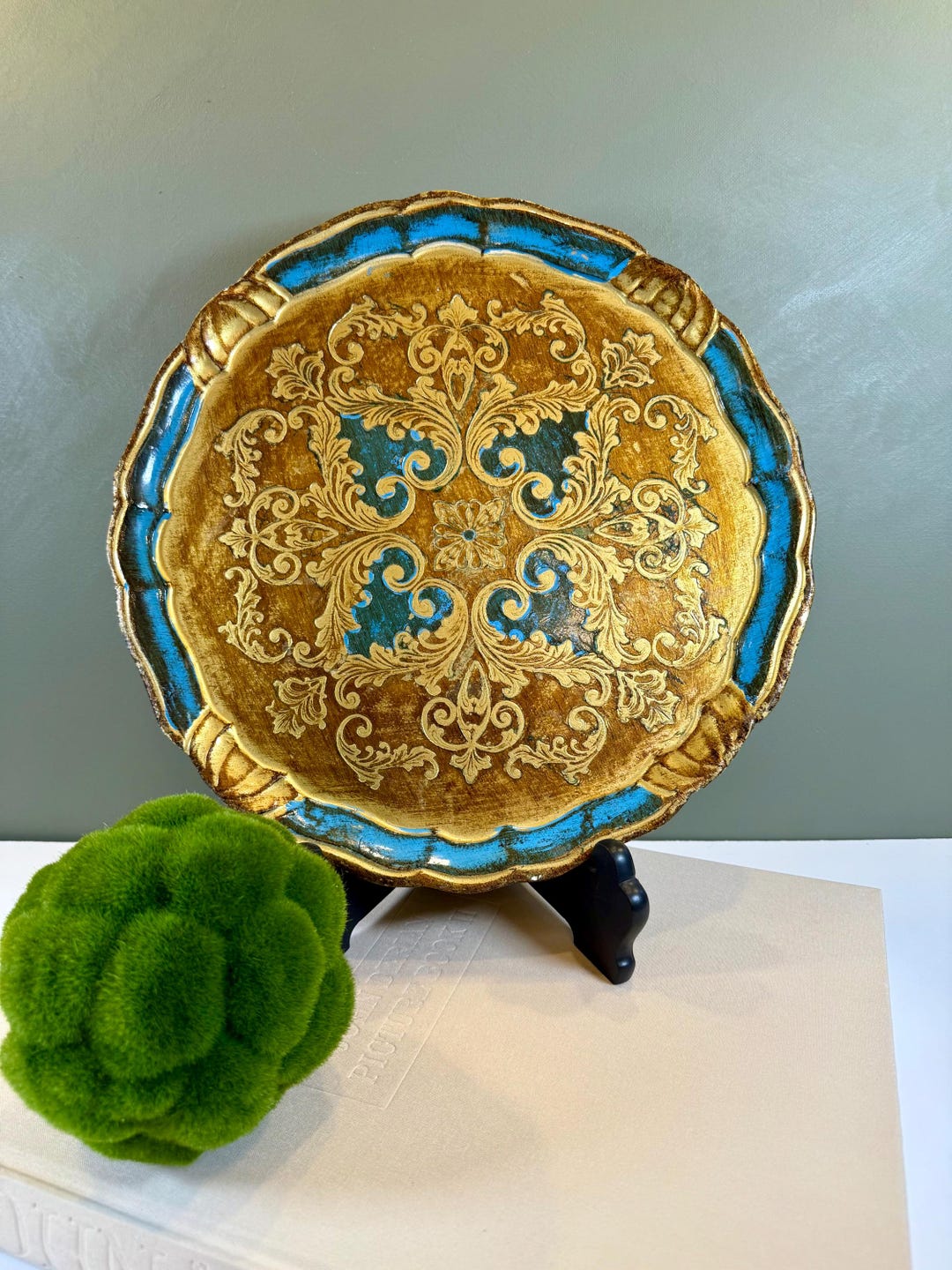 Vintage Italian Florentine Tray- Ornate Gold Gilt and Blue Wood Serving ...