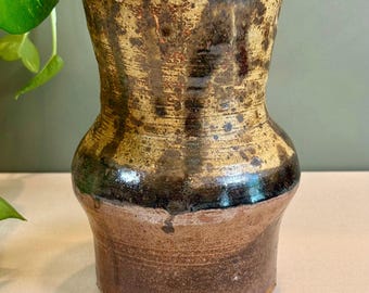 Signed Studio Pottery Vase, Vintage Earthy Brown Ceramic Vessel, Handmade Rustic Stoneware, Organic Home Decor