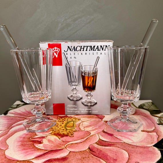Vintage Nachtmann Crystal Irish Coffee Glasses– Pair of 24% Lead Crystal Grog Glasses with Stirrers in Original Box- Cozy Winter Cocktail