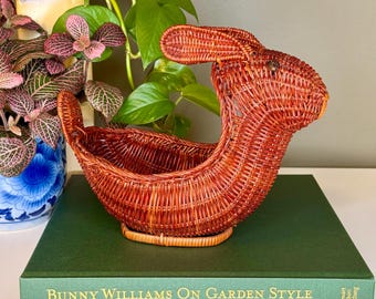 Vintage Wicker Bunny Basket | Cottagecore Rabbit Decor Spring Easter Shelf Accent