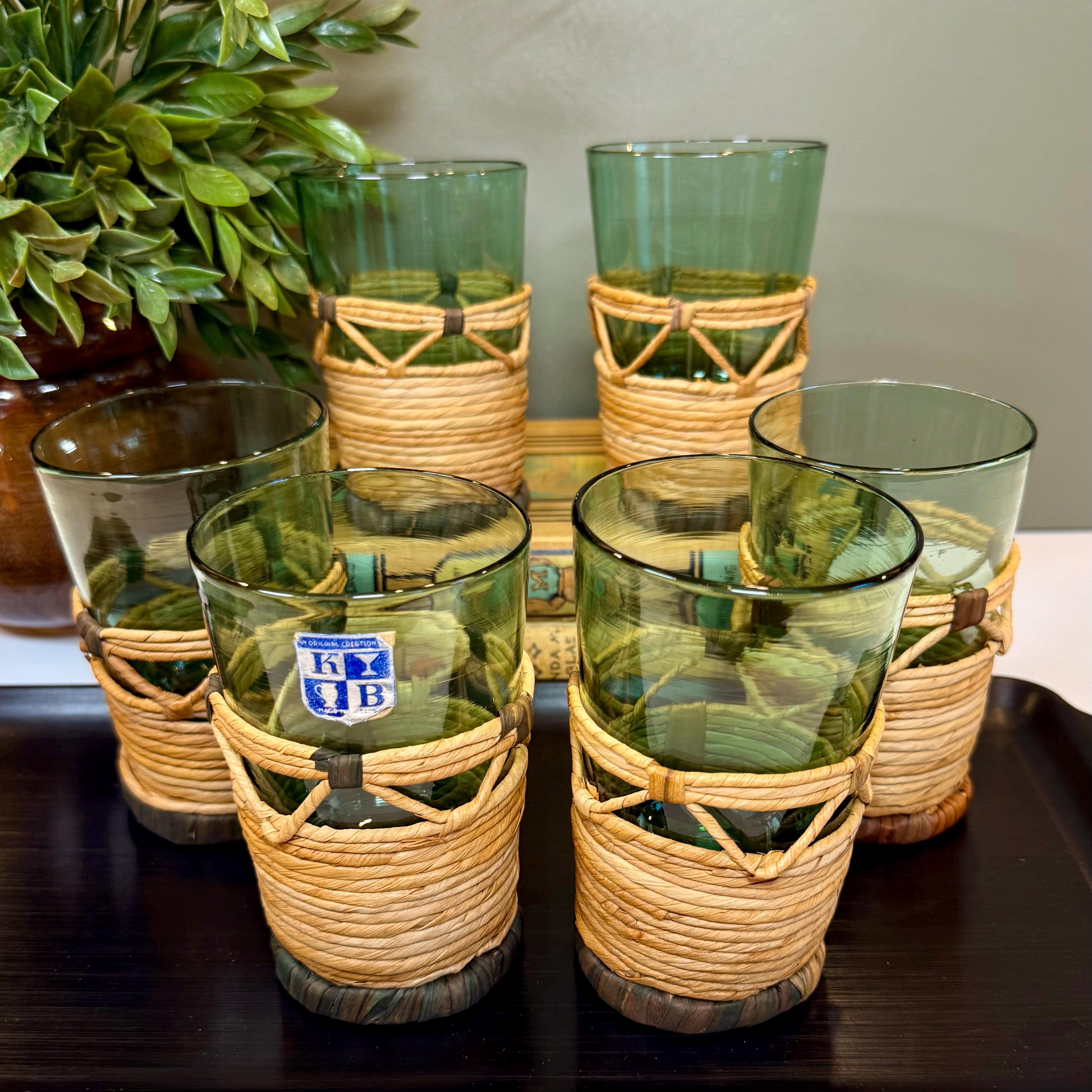 Basketweave Glasses - Etsy VINTAGE Set of 6 Drinking Goblets Basket Weave Wicker Glasses MCM display picture 1