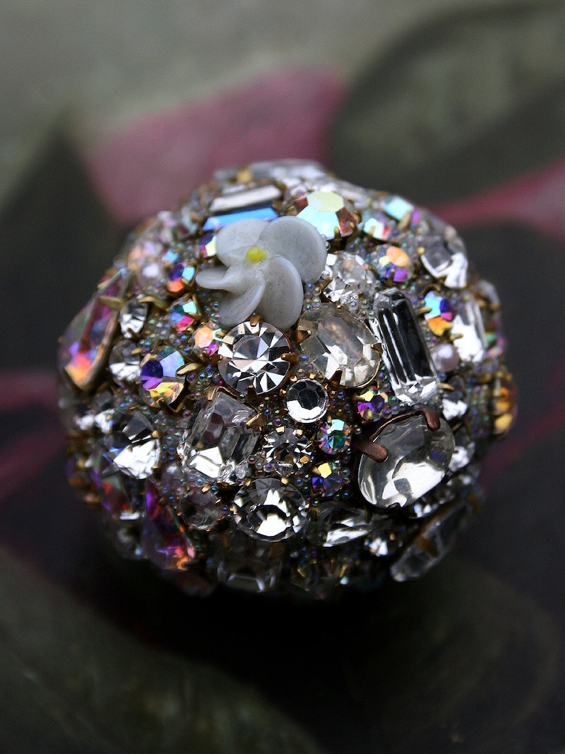 Vintage Crystals Rhinestones Ball Orb Sphere Encrusted Jewelry Ornament Light Blue Porcelain Roses Jewelry Home Holidays Original Art Decor