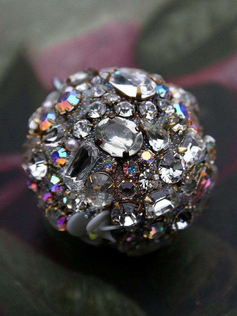 Vintage Crystals Rhinestones Ball Orb Sphere Encrusted Jewelry Ornament Light Blue Porcelain Roses Jewelry Home Holidays Original Art Decor